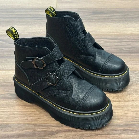 Dr. Martens Devon Flower Buckle Leather Platform Boots in Black Size 8.5 - Picture 4 of 16